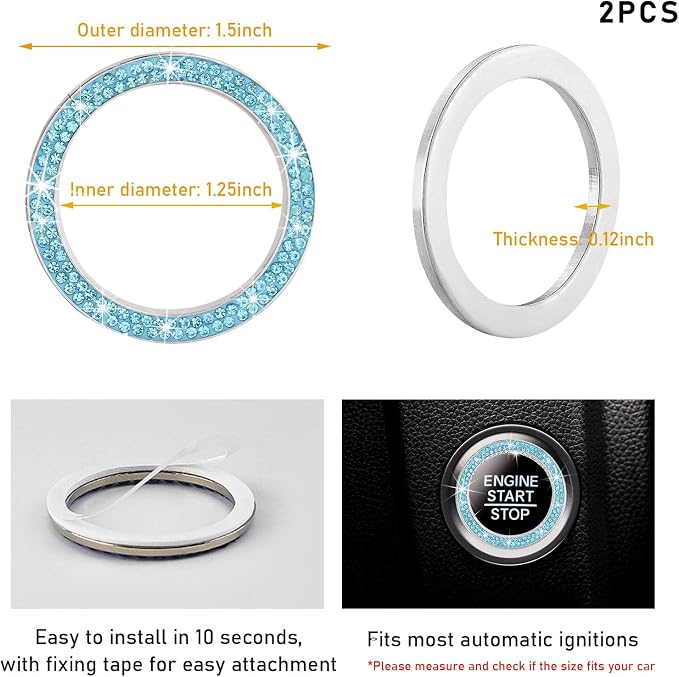 Kewucn 2 PCS Bling Crystal Double Rhinestone Car Engine Start Decoration Ring, Sparkling Push Start Button Sticker, Key Ignition & Knob Ring Decoration, Bling Car Interior Accessory(Lake Blue)