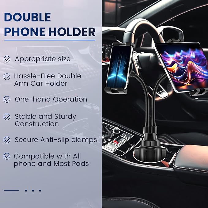 DaisyInner Dual Cup Tablet Mount Holder for Car 360° Rotatable Mount Long Flexible Neck Adjustable Universal Size Fits for Most 2 Tablets 4.7"-10"