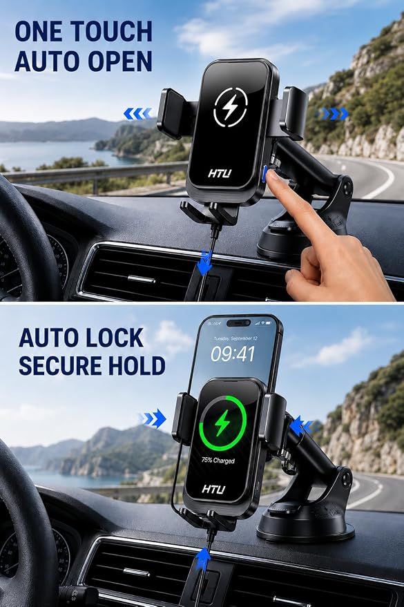 HTU 2026 Upgraded Wireless Car Charger Mount, 【Strongest Suction & Military-Grade Certs】 15W Fast Charging Auto-Clamping Phone Holder for Dash Windshield Air Vent, Fit for iPhone & Android, Jet Black