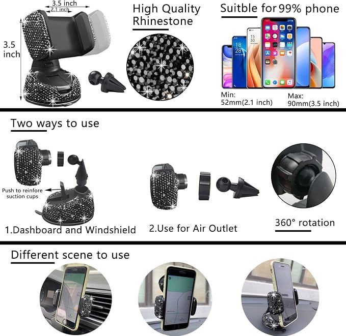 NBTEPEM 27 PCs Black Bling Car Accessories Set for Women, Steering Wheel Covers Universal Fit 15 Inch, Bling License Plate Frame, Bling Phone Holder, Bling Car Coasters (Black Diamond)
