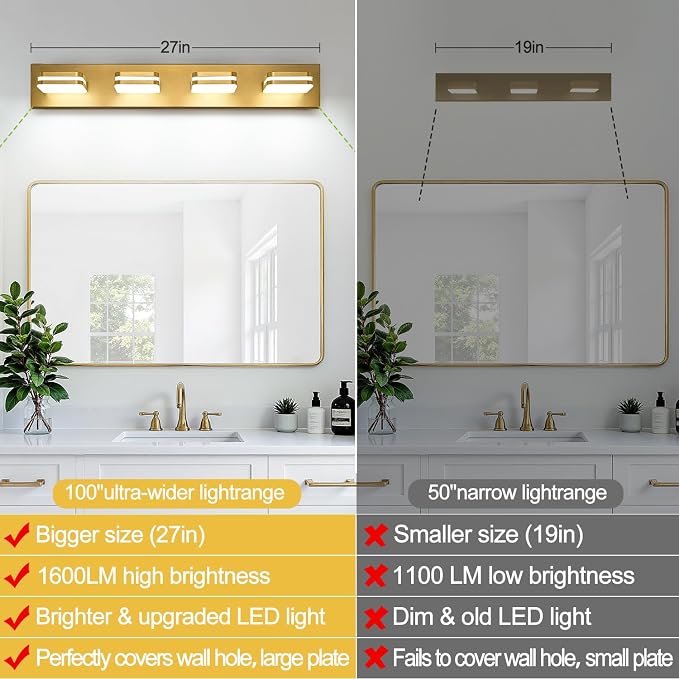 Torondo 360° Rotate LED Bathroom Vanity Light Fixtures, Acrylic Vanity Lights for Bathroom, Modern Wall Lighting Fixtures Over Mirror Living, Gold, Natural White, 4-Light, 27-Inch