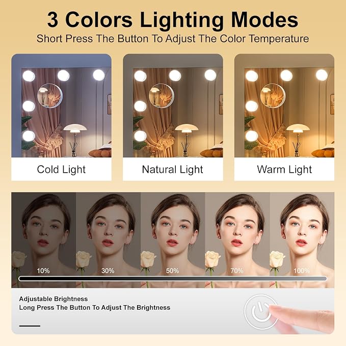 Hasipu Hollywood Vanity Mirror with Lights, 35" x 24" Makeup Mirror with 16 Dimmable LED Bulbs 3 Color Modes & Detachable, 5X Magnifying Glass, Touch Control, USB and Type-C, Tempered Glass
