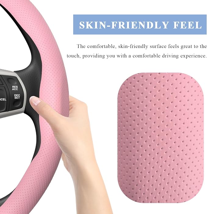 Steering Wheel Cover, 15 Inch Anti-Slip Breathable Steering Wheel Protector Auto Interior Decor, Heat-Resistant Comfort Grip Wheel Cover Universal for Most Cars Trucks SUVs (Pink)