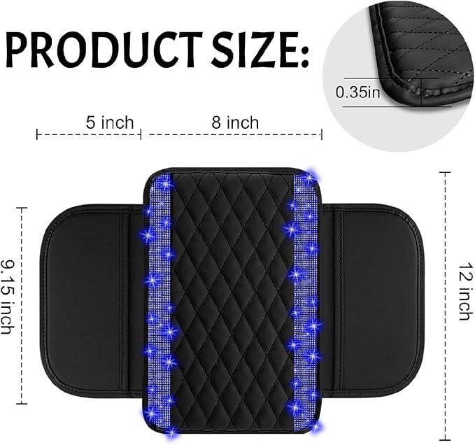 NBTEPEM Bling Car Center Console Cover, Leather Car Arm Rest Cover Cushion with 2 Storage Bags, Universal Automotive Armrest Protector Storage Box, Bling Accessories Interior for Most Vehicles (Blue)