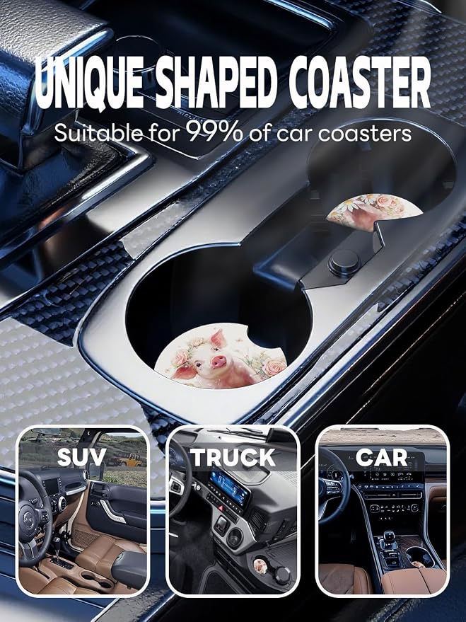 WOCOCN Car Coasters,Cup Holder Coasters for Car,2.75inch Anti Slip and Absorbent,Cute Automotive Interior Accessories for Cup Holder,Pack of 2 (Flower Wreath Pig)