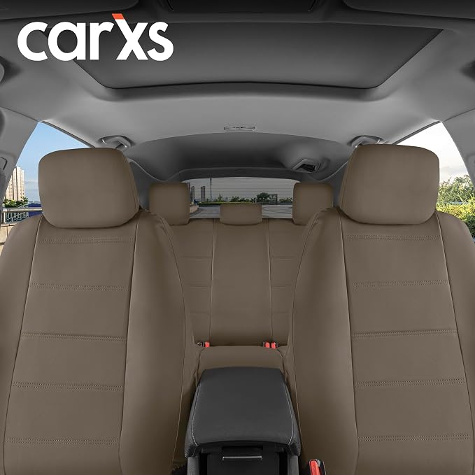 BDK 9-Piece Beige Leather Car Seat Cover Full Set, Front Seat Cover and Rear Bench Seat Cover, Universal Fit Car Seat Covers for Cars Trucks SUVs Vans, Complete Full Coverage Protection For Vehicles