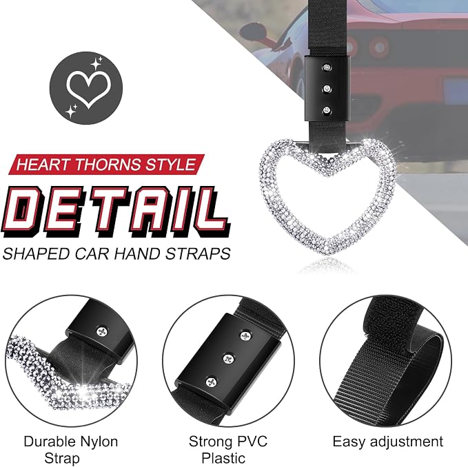 Fabbay Bling Car Accessories Bling Heart Handle Ring Car Accessory for Women Heart Hand Strap Drift Charm Rear Bumper Warning Ring Decor for auto Bus Interior Exterior Decoration (White,Heart Style)