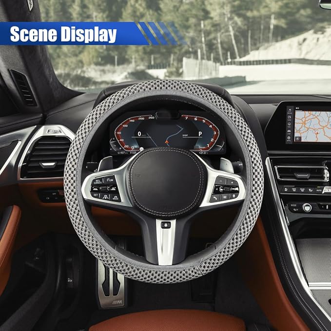 Elastic Stretch Steering Wheel Cover, for Men Women (Gray) | 15" Breathable Microfiber Ice Silk Steering Wheel Protector, Universal Anti-Slip Warm in Winter&Cool in Summer Car Accessory