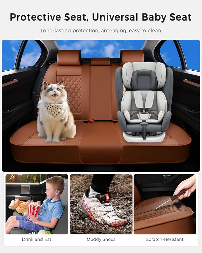 Huidasource Brown Back Seat Covers Universal Fit for Most Cars SUVs Trucks Compatible with Seat Belts, Child Safety Seats, Rear Seat Covers Nappa Leather Velcro Adjustable Seat Covers (Back Row/Brown)