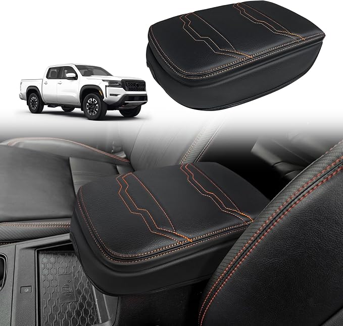 Muslogy Center Console Armrest Cover Fit for Nissan Frontier 2022-2025 2026 Accessories, Comfort Armrest Pad Console Lid Cushion Vegan Leather 1-Inch Extra Thick (V2 Orange Trim)