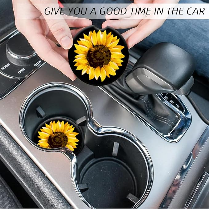 Cup Holder for Car,Elegant Sunflower Close-Up Print Ceramic Coasters Non-Slip Cup Holder Insert with Fingertip Grip, Auto Interior Accessories for Women & Men,Pack of 2, 2.56In