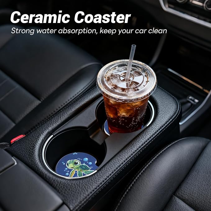 Car Cup Holder Ceramic Coasters 2 Pack, 2.56 in Anti Slip Absorbent Coaster with Cork Base and Finger Notch, Funny Cute Car Accessories Interior for Women, Green Turtle