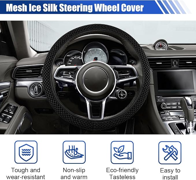 Elastic Stretch Steering Wheel Cover, for Men Women (Black) | 15" Breathable Microfiber Ice Silk Steering Wheel Protector, Universal Anti-Slip Warm in Winter&Cool in Summer Car Accessory