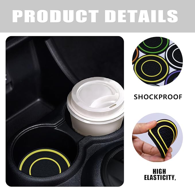 4 Pack Car Coasters for Cup Holder, 2.75 Inch Universal Auto Waterproof Coasters Silicon Insulation Cup Mats,No-Slip Anti Dust Insert Coaster for Woman Man, Suit for Vehicle Interior (Black/Yellow)