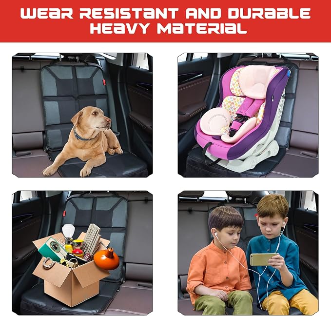 Kaiphy Car Seat Protector with Thick Padding + XL Large Car Seat Cover for Child Car seat, Eco Friendly Waterproof & Durable Fabric + 2 Storage Pockets Protect Fabric or Leather Seats 2Pack (Black)