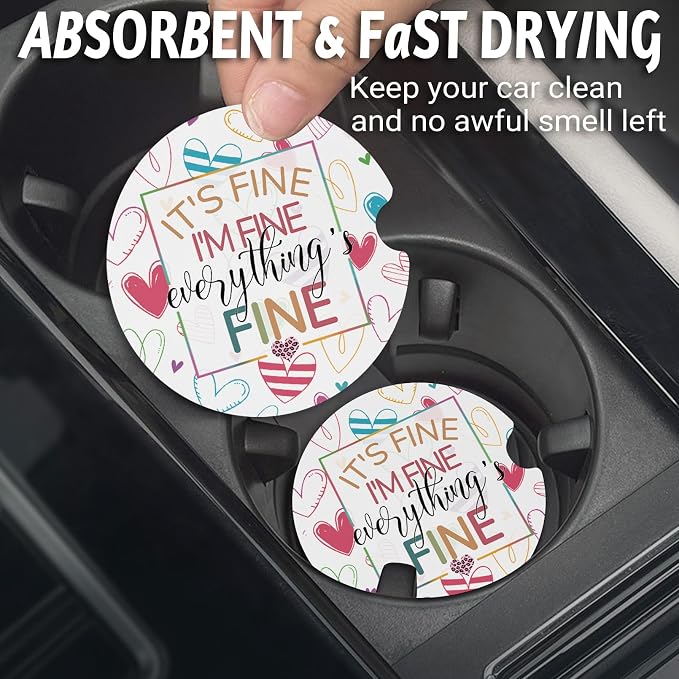 Yonlevres Car Coasters for Cup Holders，2.75" Anti Slip Rubber Mat with A Finger Notch, 2 Pack Car Cup Holder Coasters for Car Interior Accessories for Women Men I'm Fine