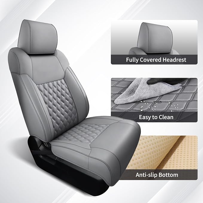 Huidasource Front Car Seat Covers Fit for Toyota Tacoma 2005-2015 All Cab Base Prerunner SR5 Limited TRD Sport Front Row, Full-Cover Waterproof Leather Truck Seat Cushion Covers, Gray