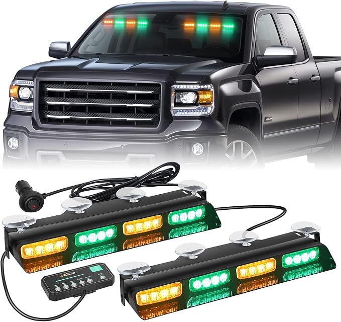 XRIDONSEN 2x 14 inch Amber Green Emergency Dash Lights 32 LED Strobe Lights | Interior Safety Warning Hazard Caution Front/Rear Windshield Light Bar w/ Controller for Construction Vehicles Trucks Car
