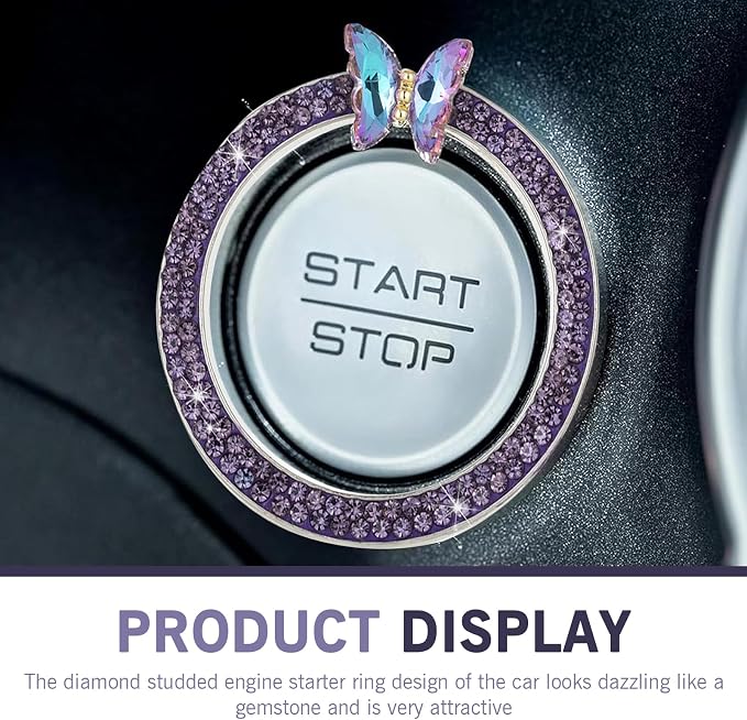Bling Car Engine Start Stop Decoration Ring, Crystal Rhinestone Butterfly for Car Button Ring, Auto Interior Accessories for Women, Push to Start Button Cover Decoration (Purple)