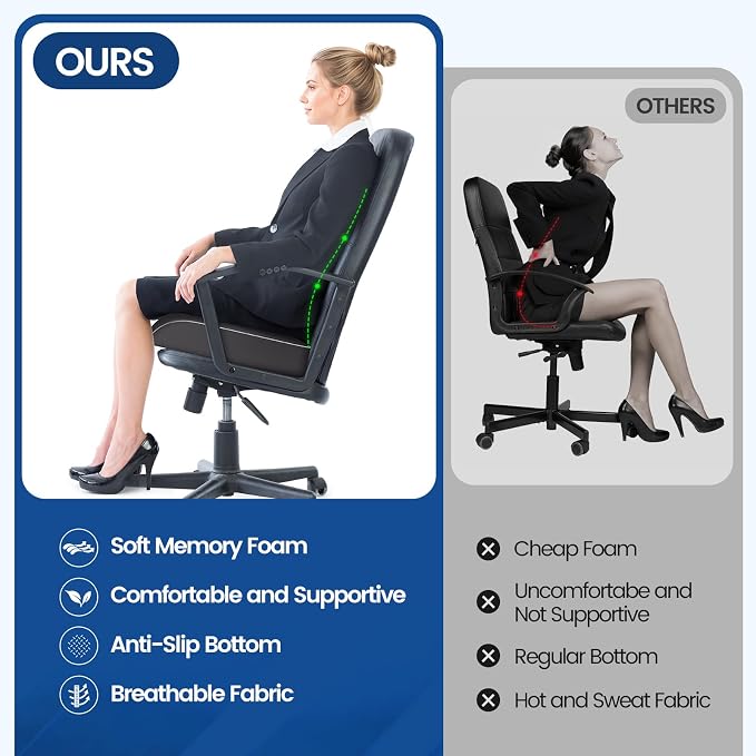 SweetSlubr Seat Cushion for Tailbone Pain Relief, Office Chair Cushion, Memory Foam Large Chair Pad with Non-Slip Cover for Soft Support at Office Chair, Car Seat, Airplane Grey/2X-Large