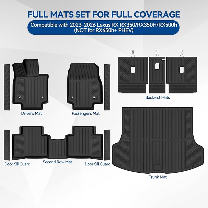 Custom Fit Floor Mats for 2023-2026 Lexus RX RX350/RX350H/RX500h | (NOT for RX450h+ PHEV)All Weather TPE Floor Liners & Trunk Mat & Backrest Mats & Door Sill Guard | Full Set Accessories