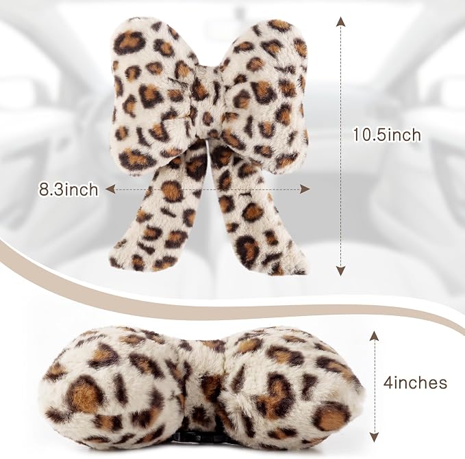 Macarrie 2 Pcs Car Neck Pillow Plush Butterfly Bow Car Headrest Pillow Comfortable Seat Neck Support Cute Head Rest Accessories for Driving Travel Driver Chair Girl Interior Decor(Gray,Leopard)