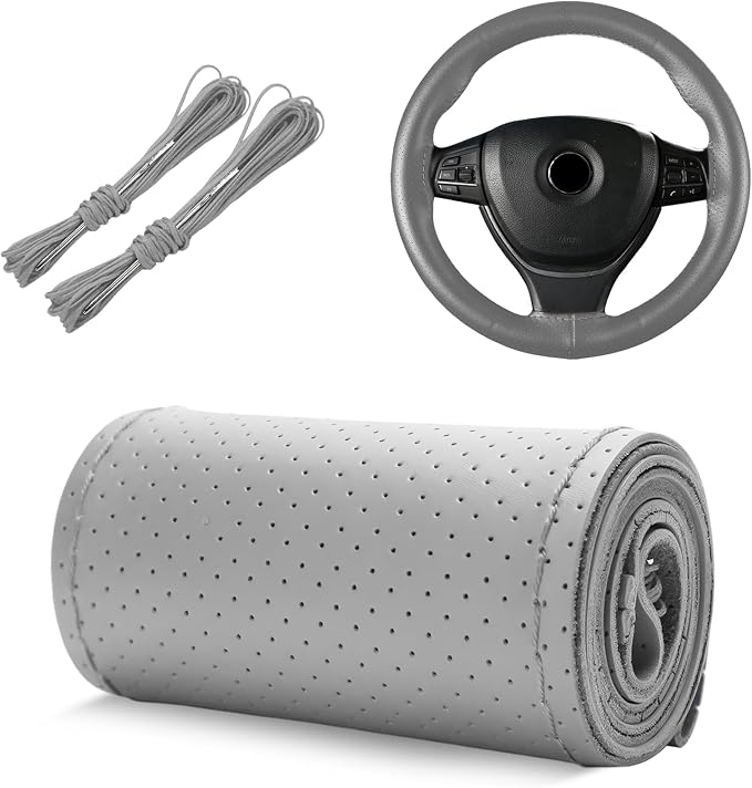 Genuine Leather Steering Wheel Cover, 15 Inch Stitch on Wheel Wrap with Needles & Threads, Breathable Steering Wheel Protector DIY Sewing Wrap for Car Truck SUV (Gray, Full Hole)