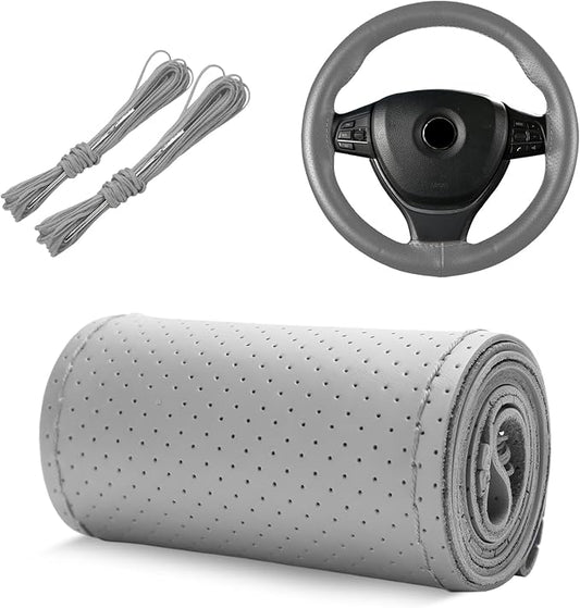 Genuine Leather Steering Wheel Cover, 15 Inch Stitch on Wheel Wrap with Needles & Threads, Breathable Steering Wheel Protector DIY Sewing Wrap for Car Truck SUV (Gray, Full Hole)