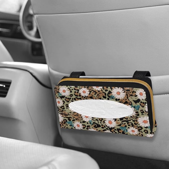 Leopard Daisy Tissue Box Sun Visor Tissue Holder Car Visor Napkin Holder with Back Clip Easy to Install Car Decoration