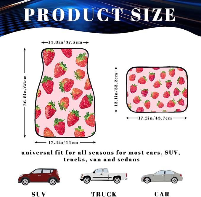 Strawberry Car Floor Mats Set of 4 Pink Cartoon Colorful Animation Carpet Front Rear Carpets Mat Non-Slip Auto Car Accessories Universal Fit for Car SUV Truck Van