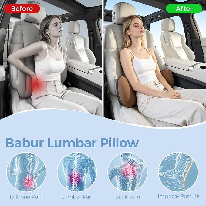 BEBAS Lumbar Support Pillow for Car, Memory Foam Back Cushion for Driving | Ergonomic Wing Wrapping, Back Pain Relief, Breathable Removable Cover, Softness, Universal Fit Car Seat, Office Chair