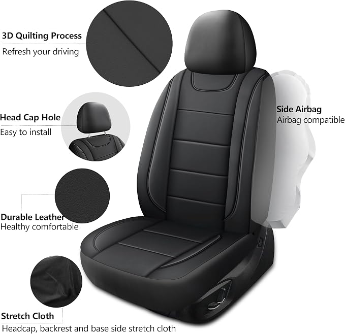 HChengkikz Front Car Seat Cover, Waterproof Faux Leather (Black) | Car Seat Protectors, Quilting, Easy to install, Airbag Compatible, Universal Fit for Most Suvs, Trucks, SUVs