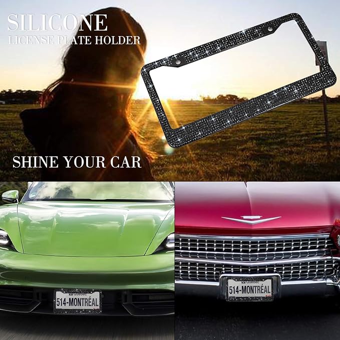 Bling License Plate Frame for Women, Sparkly Stainless Steel License Plate Frames| Over 1200 pcs 14 Facets Bedazzled Clear Glass Rhinestone Crystals w/Free Glitter Diamond 1PCS Box (Black)