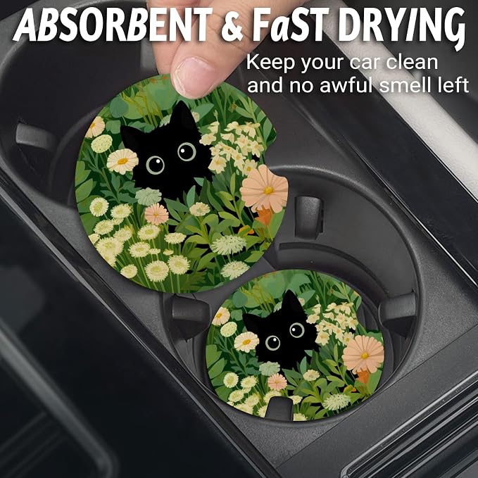 Yonlevres Car Coasters for Cup Holders，2.75" Anti Slip Rubber Mat with A Finger Notch, 2 Pack Car Cup Holder Coasters for Car Interior Accessories for Women Men Cute Cat