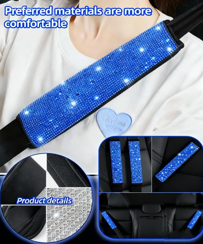 11 pcs Bling Car Accessories Set for Women,Steering Wheel Cover,Sparkly Seat Belt Covers,Daisy Vent Clips,Bling Shift Cover,Car Cup Holder Coaster,Universal Fit Most Cars (Blue Diamond)