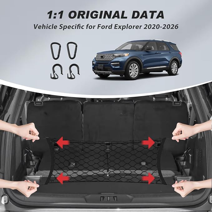 Karltys Envelope Style Cargo Net for 2020-2025 2026 Ford Explorer, Heavy Duty Rear Trunk Mesh Cargo Net for Explorer Accessories, Elastic Nylon Mesh Storage Netting Organizer