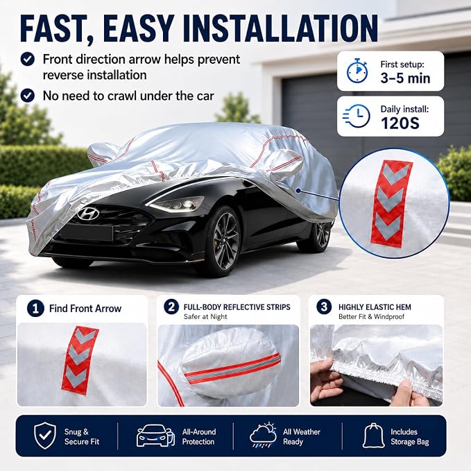 Waterproof All Weather Heavy Duty Vehicle Cover, 360° Underbody Wrap Windproof Design, Quick Install Outdoor Cover,（for Sonata Hyundai 2001-2025）