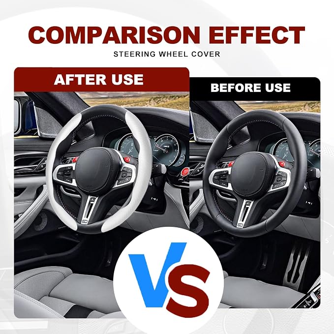 Universal Fit Carbon Fiber Steering Wheel Cover, Segmented Steering Wheel Protector, Carbon Fiber Anti-Skid Steering Wheel Cover Car Interior Accessories (2 Pcs White)