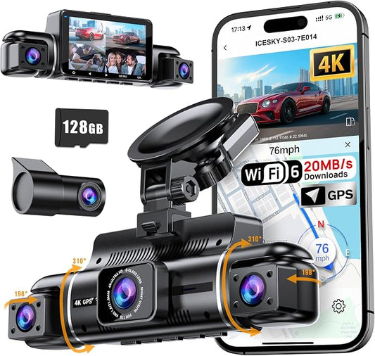 Icesky S03 4K Dash Cam Front Rear Inside Left Right with GPS, Free 128GB SD Card, 5.8GHz WiFi 6 (Up to 20MB/s Download), 4 Channel 360° Dash Camera for Cars, G-Sensor 8 IR Light, Parking Mode, Black