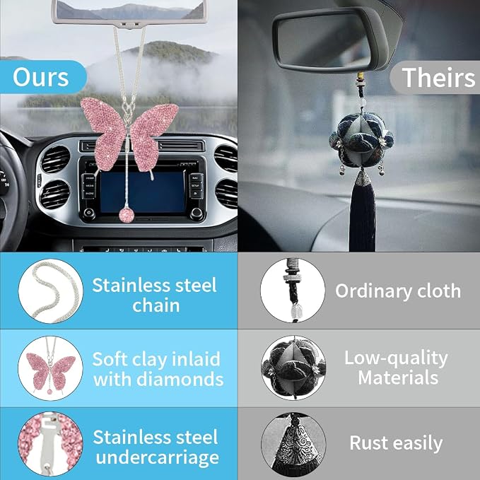 JOYCOURT Bling Butterfly Diamond Car Hanging Accessories for Women, Pink | Crystal Butterfly Rear View Mirror Luck Car Decoration Accessories, Valentine's Day Presents Ornament Pendant for All Cars