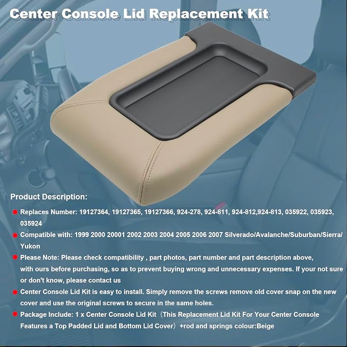 NHILES Center Console Lid Compatible with 1999-2007 Silverado Sierra | Fits 1999-2007 Avalanche Suburban Yukon Tahoe, Replaces OEM 19127364 19127365 19127366, Leather Cover, Beige