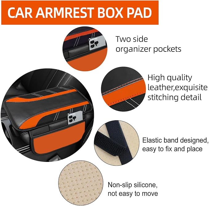 NBTEPEM 10 Pcs Car Floor Mats Full Set & Sport Leather Steering Wheel Cover 14.5-15 inch, Center Console Cover, Seat Belt Cushion, Cup Holder Coaster, Universal Automobile Interior Sets (Orange)