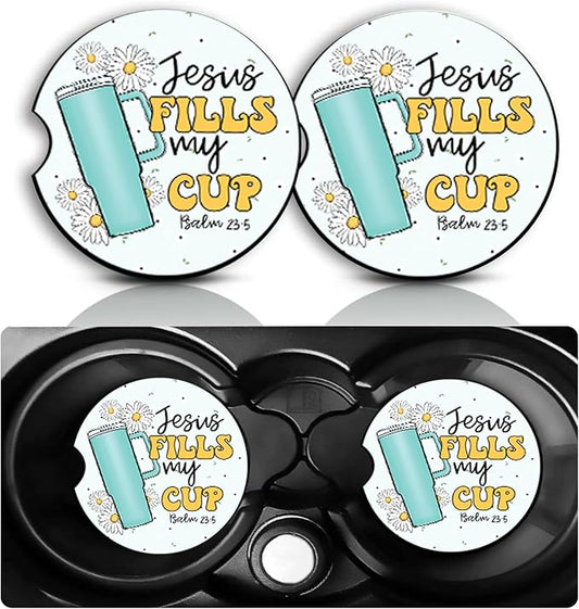 Jesus Fills My Cup Car Cup Holder Coasters Set of 2,Religious Car Accessories 2.75" Universal Size Anti Slip Rubber Mat Recessed Auto Insert Coasters Decor Christian Gifts for Women Men Dad Grandpa