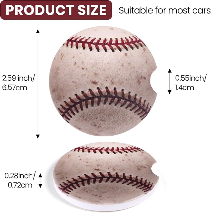 2 Pack Baseball Car Coasters for Men Women Car Cup Holder Coasters, 2.63 Inch Anti Slip Ceramic Absorbent Coaster with Cork Base and Finger Notch, Funny Car Accessories Interior