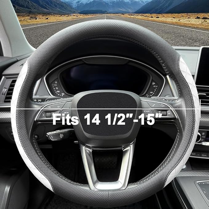 LKWLIKEI Nappa Leather Steering Wheel Cover, Elegant Diamond Checkered Design, Non-Slip wear-Resistant, Enhance Driving Comfort, Suitable for Steering Wheel Diameter 14 1/2‘-15’ Models.Black White