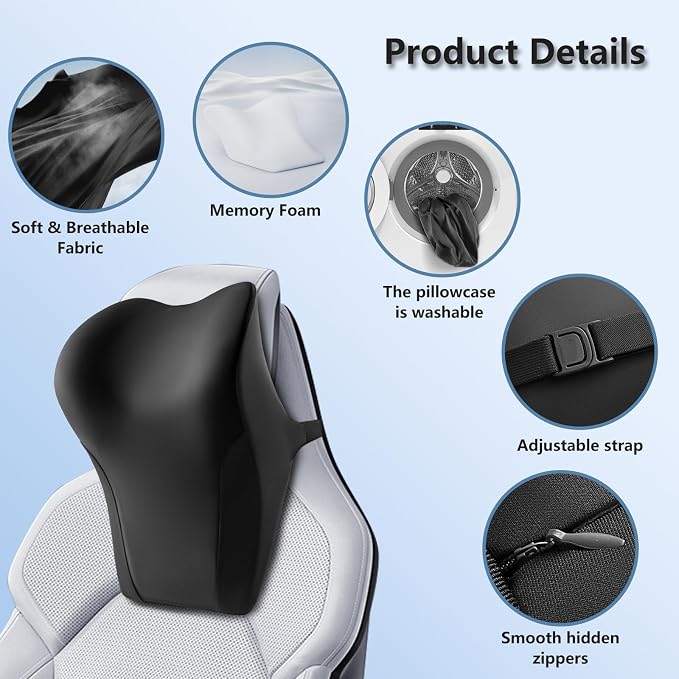BABUR Car Neck Pillow, Car Headrest Pillow for Neck Suppor Driving Seat | Soft Memory Foam, Ergonomic Design Fits Most Car & Office Chairs, Head Rest Pillow for Long Drives, Machine Removable Cover