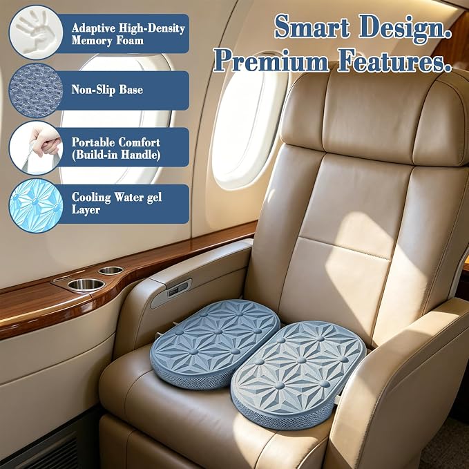 Cooling Gel Enhanced Memory Foam Seat Cushion, Desk Chair Seat Cushion, Office Chair Cushions, Foldable Portable, Back Sciatica Coccyx Tailbone Pain Relief, Driving Car Airplane Wheelchair Bleachers