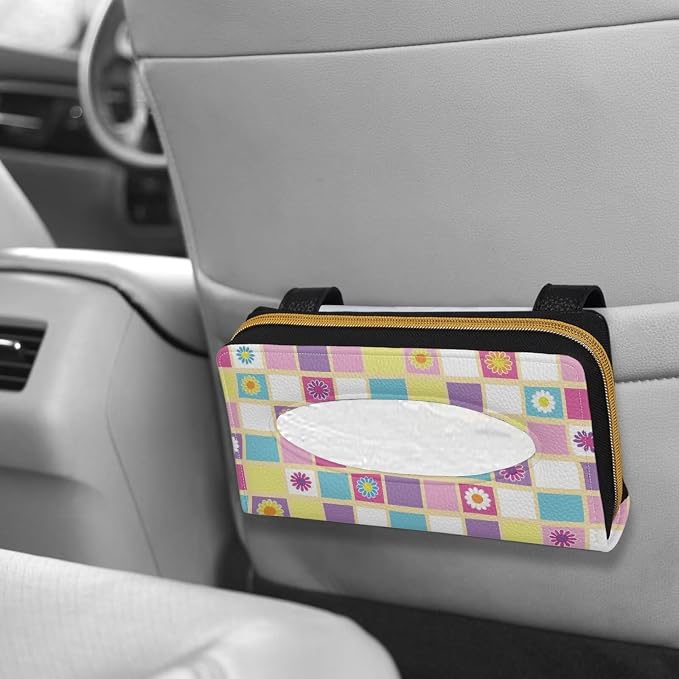 Daisy Color Plaid Car Visor Tissue Box Music Print Car Napkin Holder Daisy Car Mask Holder Tissue Holder PU Leather