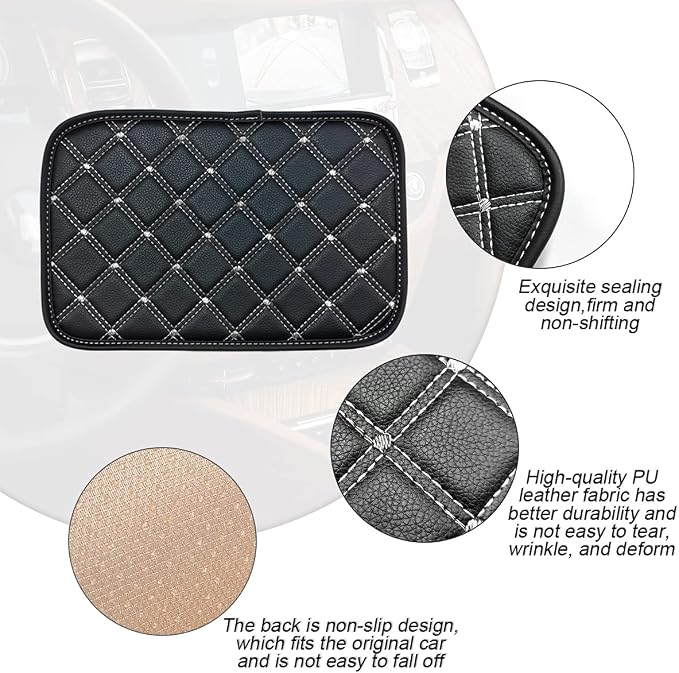 8sanlione Car Leather Center Console Cushion Pad, 11.4"x7.4" Waterproof Armrest Seat Box Cover Fit for Cars, Vehicles, SUVs, Comfort, Car Interior Protection Accessories (Black/White)