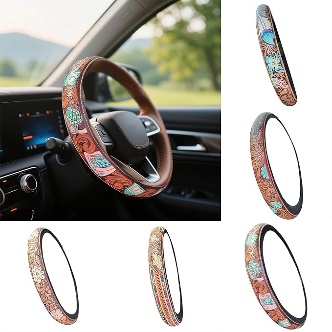 Western Cowboy Steering Wheel Cover - Retro Tooled Leather, Embossed Hand-Painted Design, Universal 15 Inch Anti-Slip Cover for SUV, Truck, Car, Breathable All-Weather, Easy to Install (Style-A)